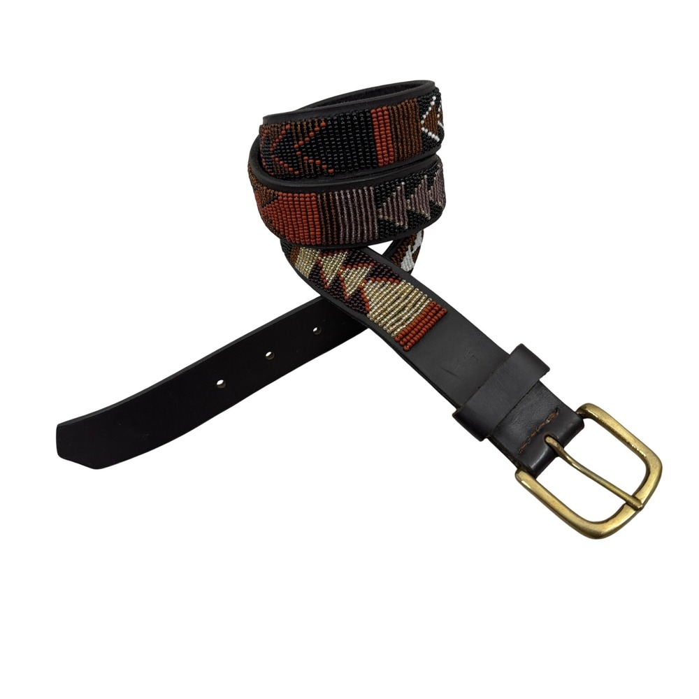 Unbranded Belt Mens 37 Black Beaded Geometric Southwestern Leather Brass Buckle